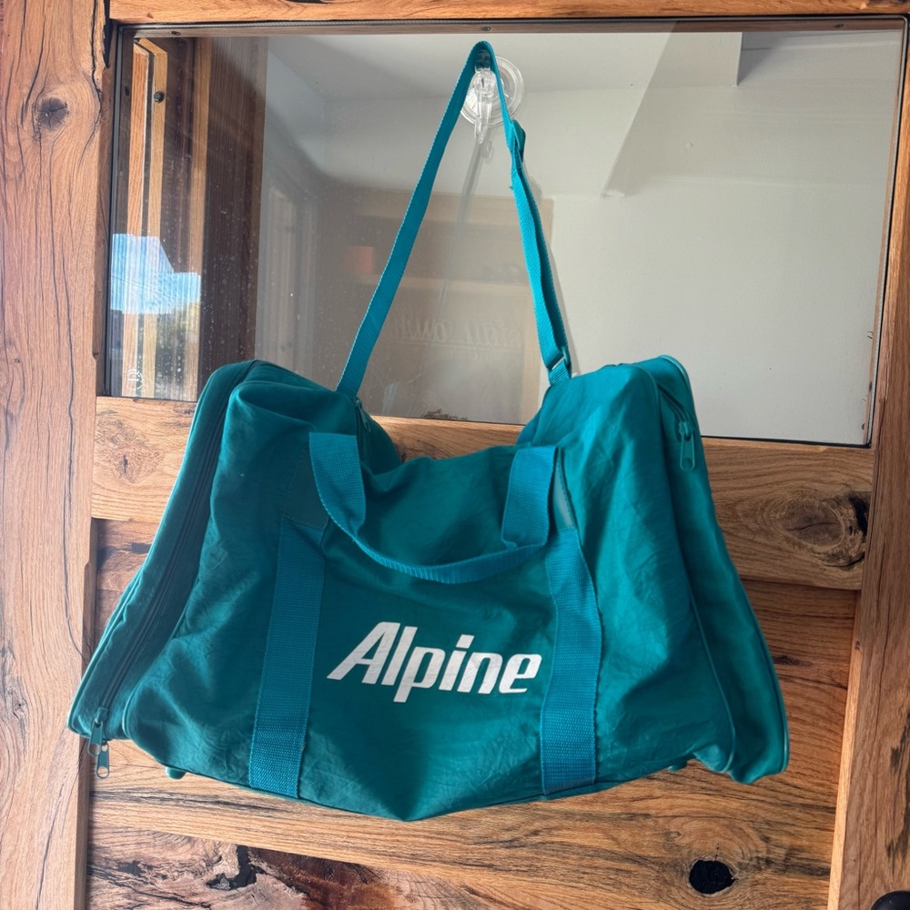Vintage Alpine Duffel Bag–Teal Canvas Gym/Travel Bag with Retro Mountain Graphic
